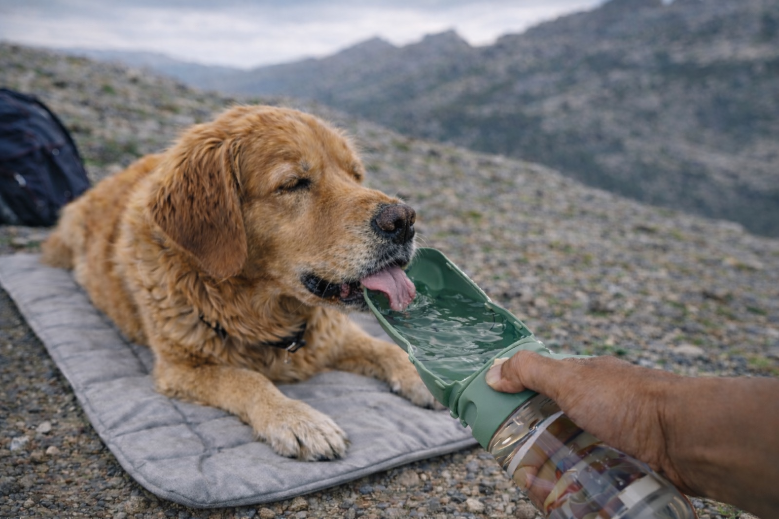 Dog drinking water during outdoor hike