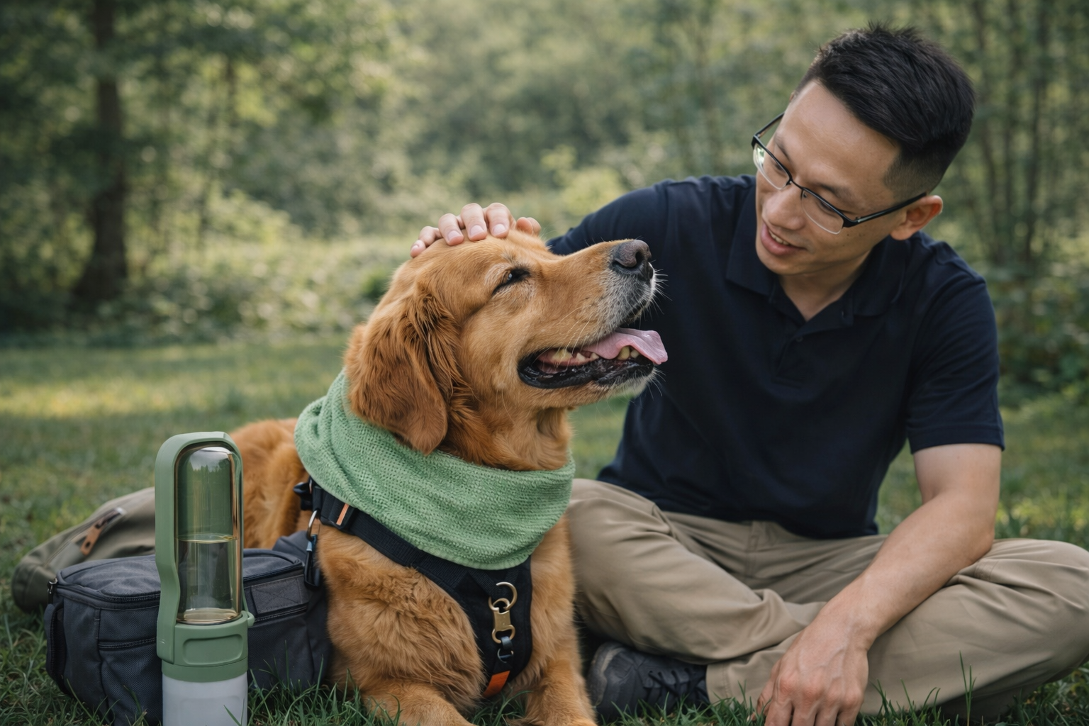 Dog with outdoor travel accessories