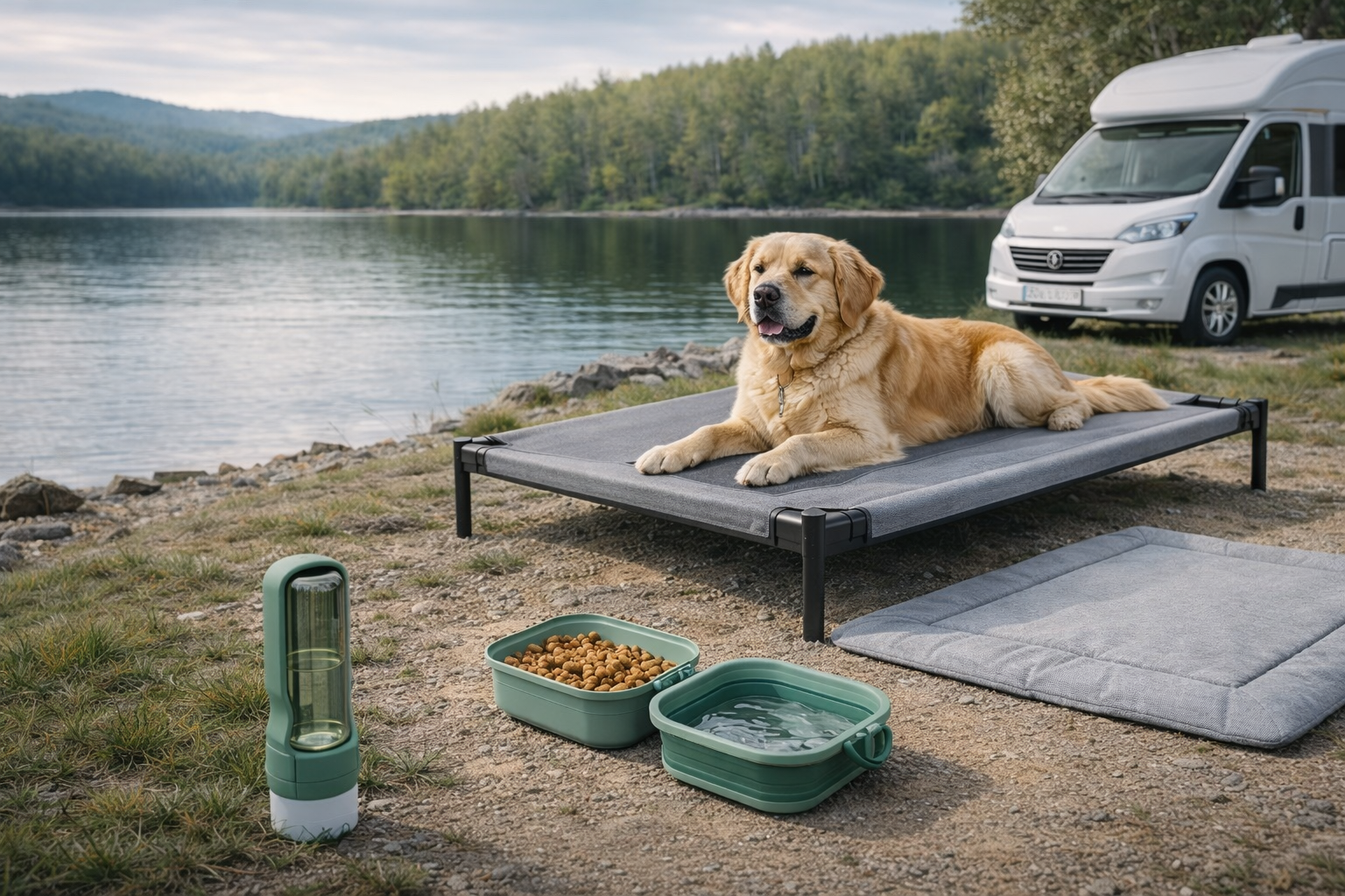 Dog resting on outdoor mat with hydration bowl during camping trip