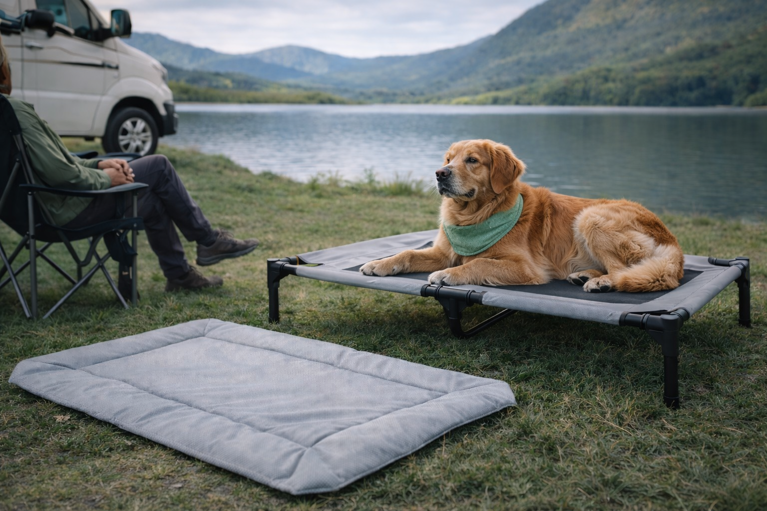 Dog resting on elevated bed in outdoor camp
